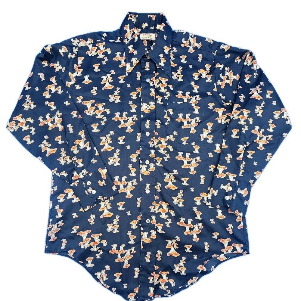Vintage 70s TG&Y Supreme Mushroom Print Disco Shirt L 16.5 Polyester Hippie Boho